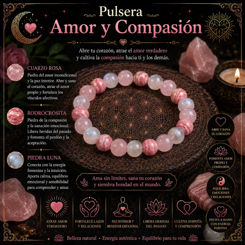 Pulsera Amor y Compasión de Piedra Natural | Cuarzo Rosa, Rodocrosita y Piedra Luna