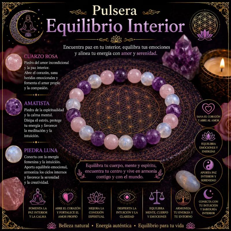 Pulsera Ritual de Equilibrio Interior | Cuarzo Rosa, Amatista y Piedra Luna 8mm