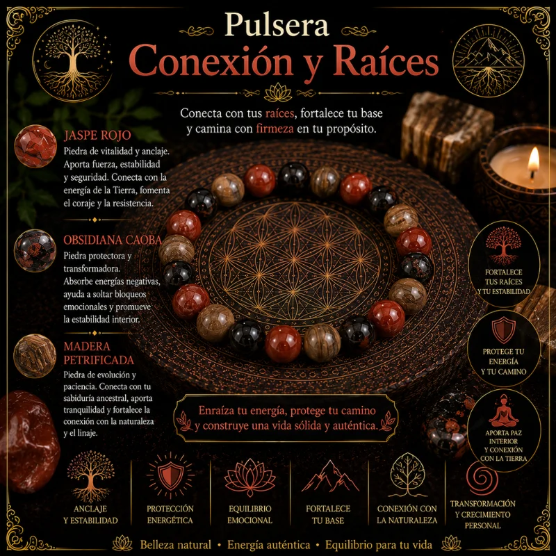 Pulsera Ritual de Conexión y Raíces | Jaspe Rojo, Obsidiana Caoba y Madera Petrificada 8mm