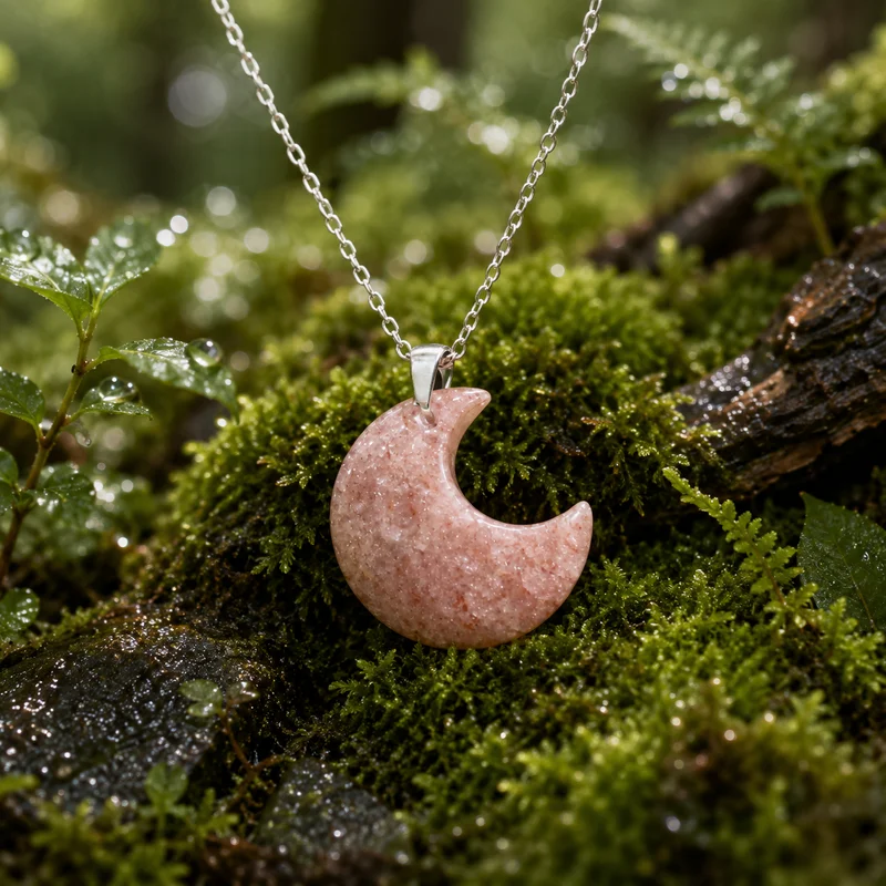 Collar Luna de Cuarzo Fresa Natural con Cadena de Acero Inoxidable