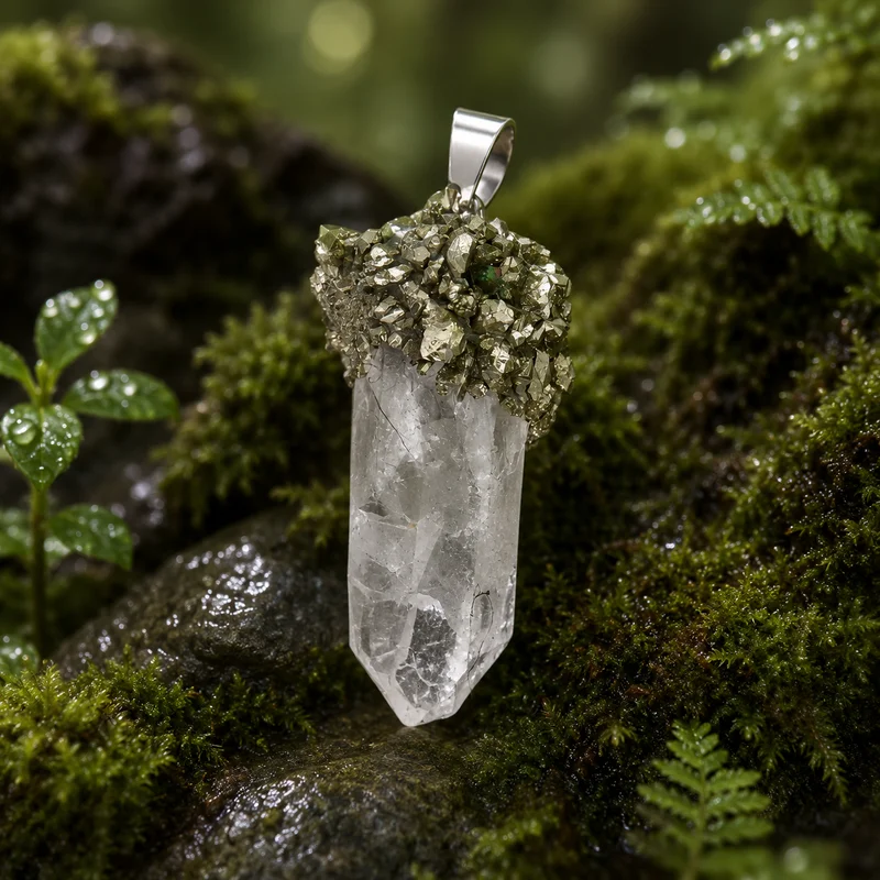 Colgante de Punta de Cuarzo Blanco con Pirita Natural