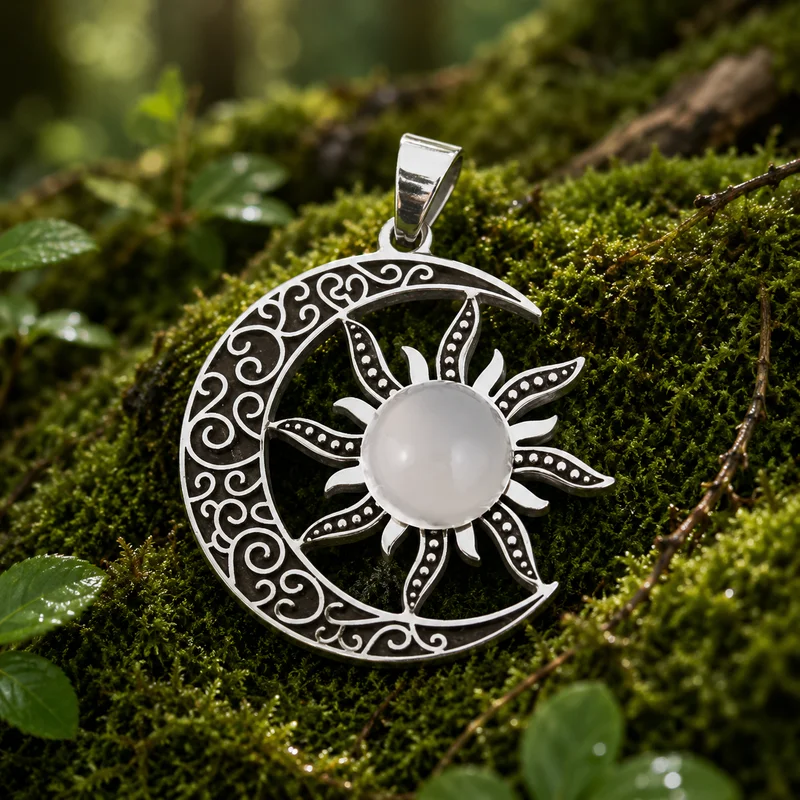 olgante Sol y Luna de Acero Inoxidable con Piedra Natural de 10 mm | 32 × 30 mm | Varias opciones disponibles
