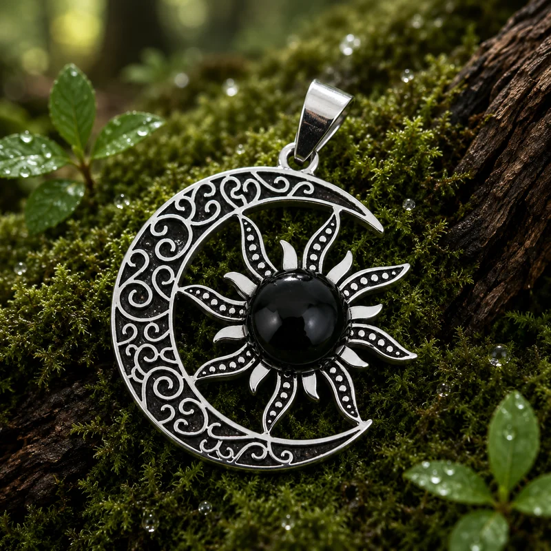 olgante Sol y Luna de Acero Inoxidable con Piedra Natural de 10 mm | 32 × 30 mm | Varias opciones disponibles