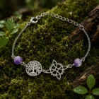 Pulsera de acero inoxidable con amuletos de doble protección y amatista