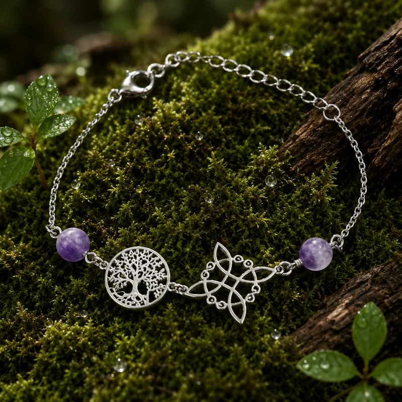 Pulsera de acero inoxidable con amuletos de doble protección y amatista