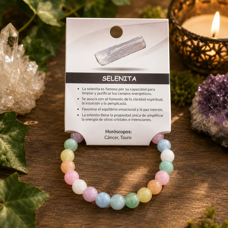 Pulsera elástica de Selenita Multicolor Natural de 8 mm