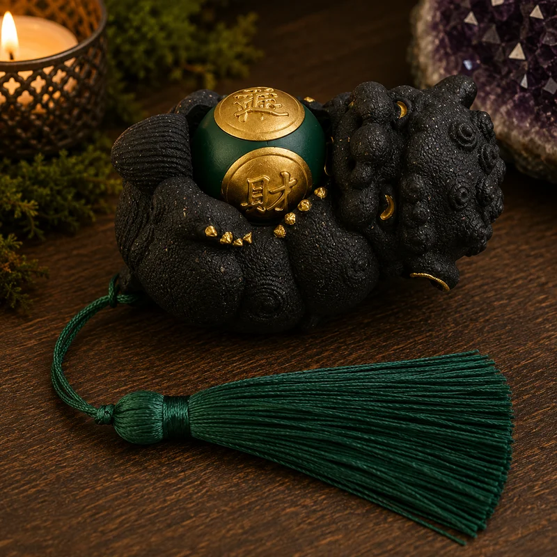 Figura de León Mítico Chino de piedra natural con bola giratoria negra Figura de León Mítico Chino de piedra natural con bola giratoria negra