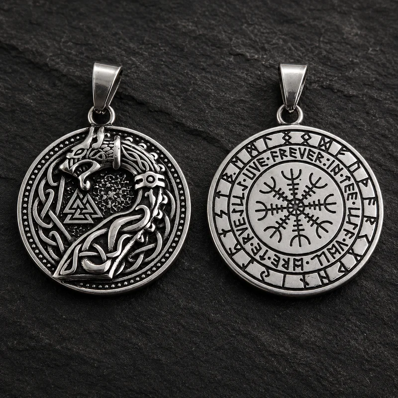 Colgante de acero titanio Valknut con dragón de doble cara de 39 mm