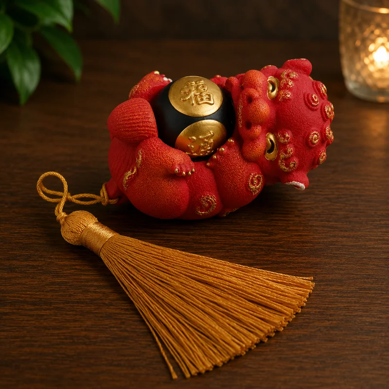 Figura de León Mítico Chino rojo con bola giratoria de piedra natural Figura de León Mítico Chino rojo con bola giratoria de piedra natural