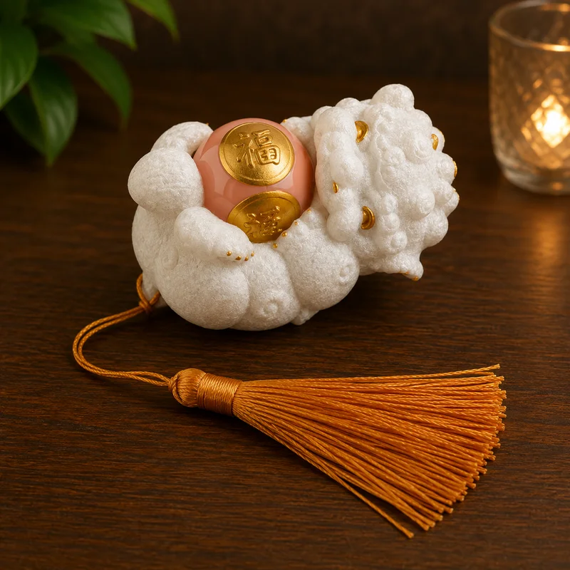 Figura de León Mítico Chino blanco con bola giratoria de piedra natural Figura de León Mítico Chino blanco con bola giratoria de piedra natural