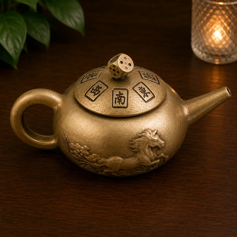 Tetera Feng Shui giratoria de cobre con moneda de la prosperidad