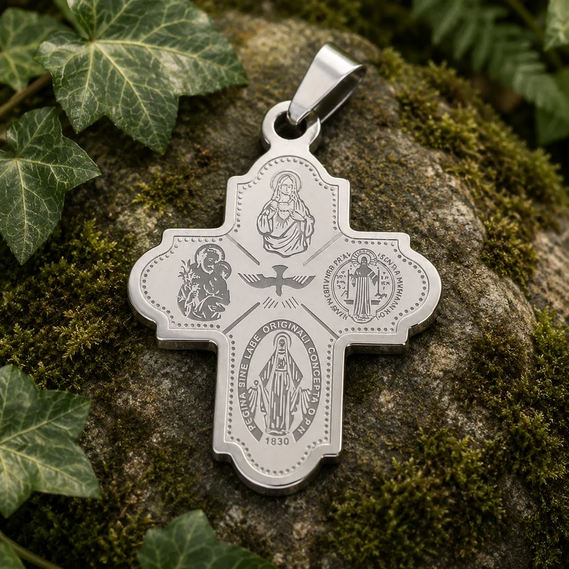 Colgante Cruz Escapulario de acero inoxidable con San Benito, Jesús, Virgen Milagrosa y San Judas