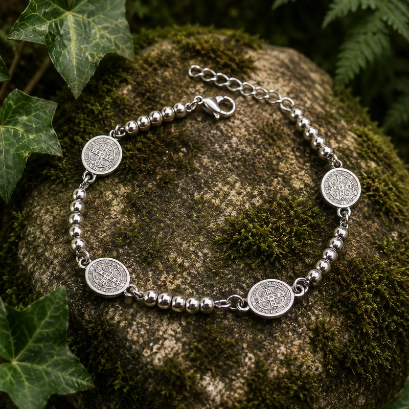Pulsera de acero inoxidable con dijes de San Benito ajustable