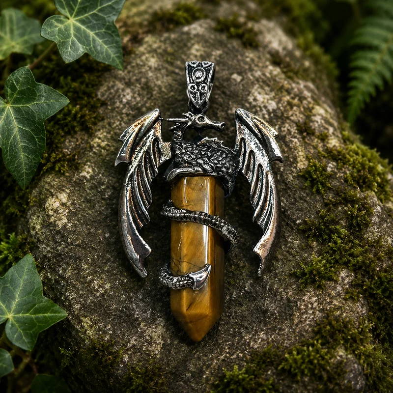 Colgante dragón de metal con piedra natural Ojo de Tigre