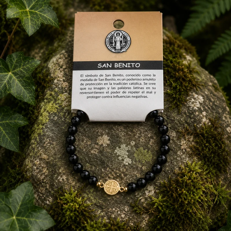 Pulsera elástica de Obsidiana Negra con dije dorado de San Benito en acero inoxidable