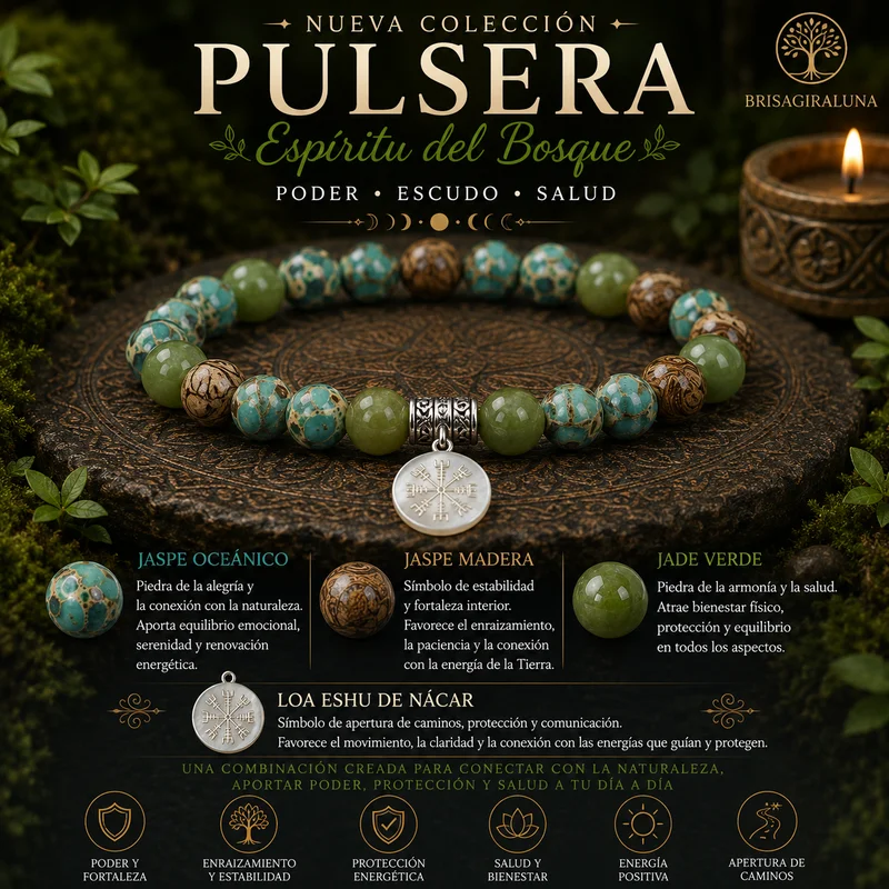 Pulsera Ritual Espíritu del Bosque con Jaspe Oceánico, Jade Verde, Jaspe Madera y Loa Eshu de Nácar