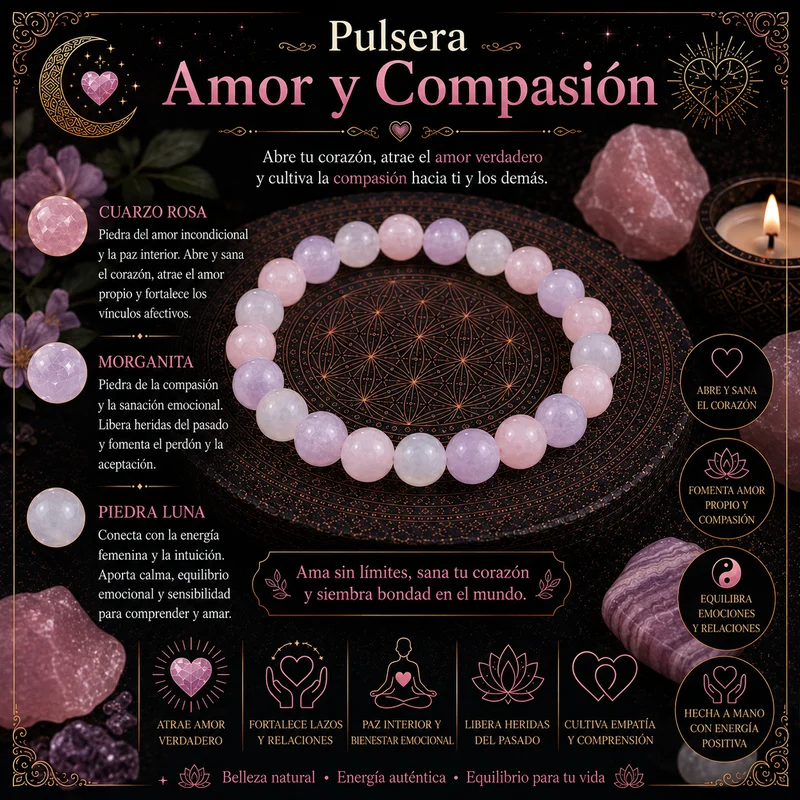 Pulsera Ritual Amor y Compasión con Cuarzo Rosa, Morganita y Piedra Luna Natural