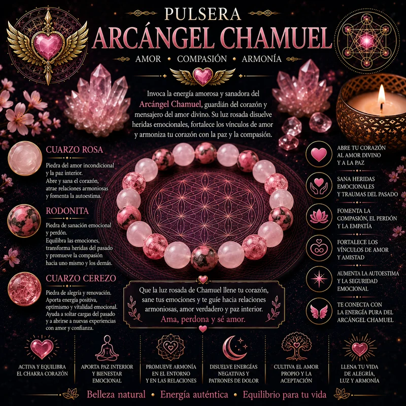 Pulsera Ritual Arcángel Chamuel con Cuarzo Rosa, Rodonita y Cuarzo Cerezo