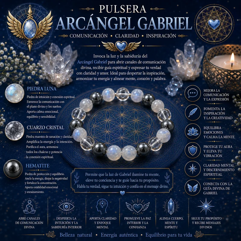 Pulsera Ritual Arcángel Gabriel con Piedra Luna, Cuarzo Cristal y Hematite