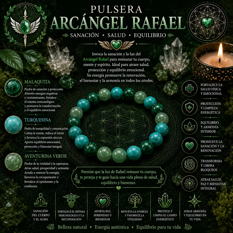 Pulsera Ritual Arcángel San Rafael con Malaquita, Turquesina y Aventurina Verde