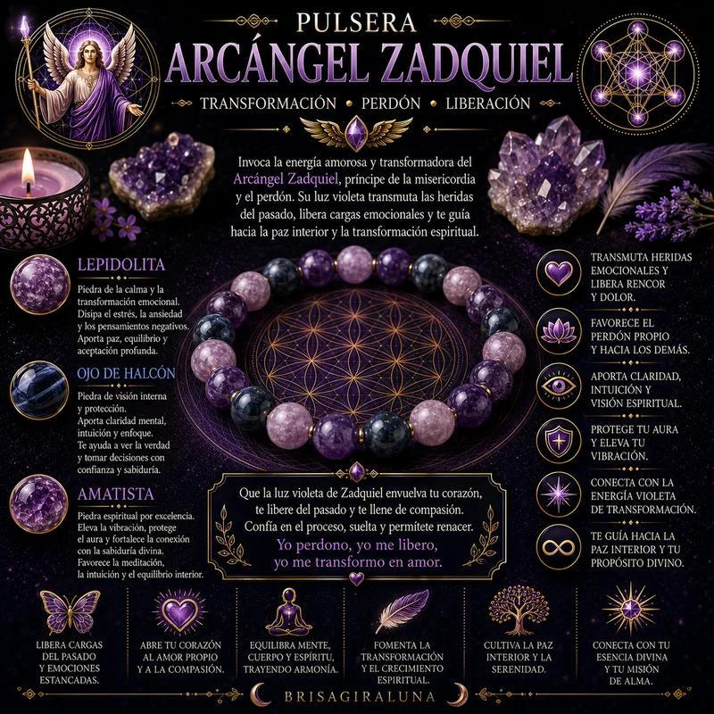 Pulsera Ritual Arcángel Zadquiel con Lepidolita, Ojo de Halcón y Amatista