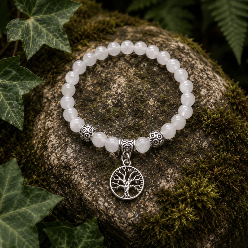 Pulsera de Jade Blanco natural con dije Árbol de la Vida 6 mm