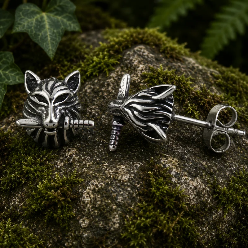 Pendientes de acero titanio con cabeza de lobo y daga 11 × 9 mm