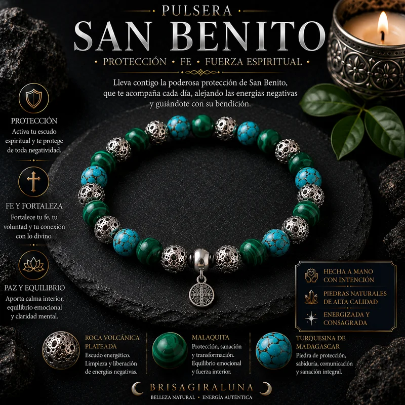 Pulsera Ritual San Benito con Malaquita, Turquesina de Madagascar y Roca Volcánica Plateada