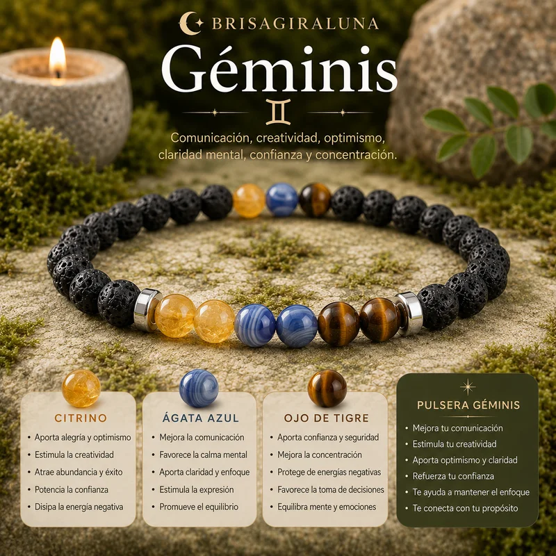 Pulsera Zodiaco Géminis con Citrino, Ágata Azul y Ojo de Tigre