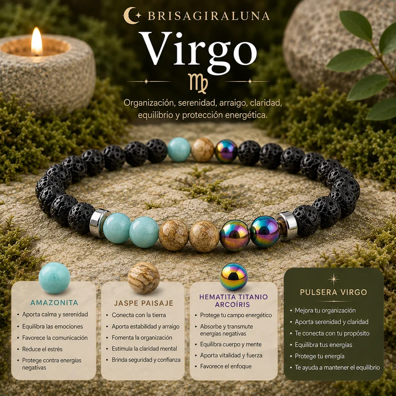 Pulsera Zodiaco Virgo con Amazonita, Jaspe Paisaje y Hematita Titanio Arcoíris