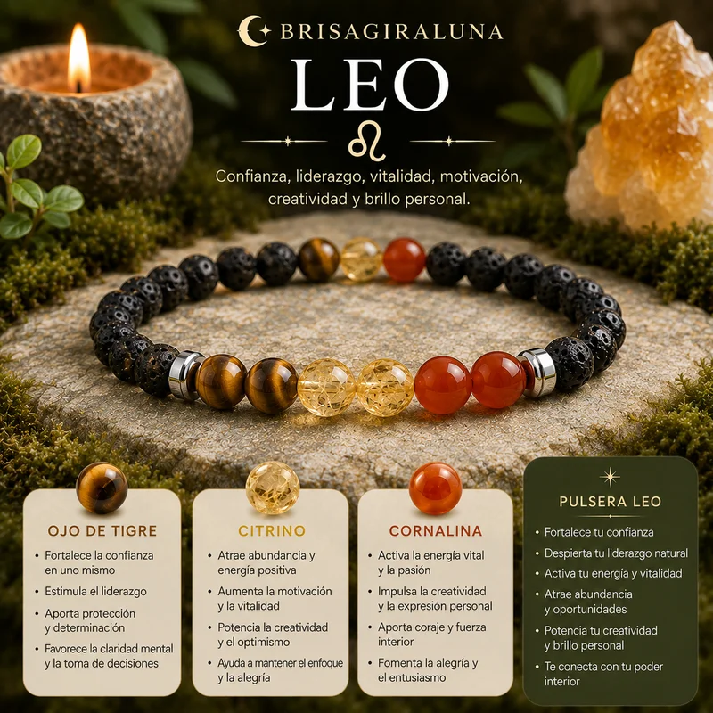 Pulsera Zodiaco Leo con Ojo de Tigre, Citrino y Cornalina