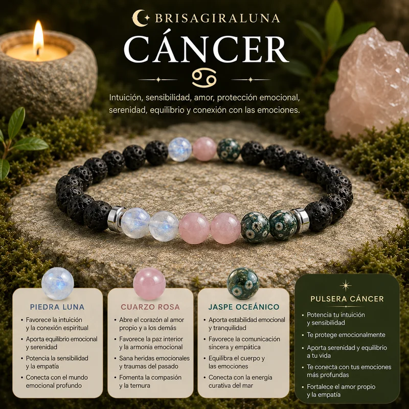 Pulsera Zodiaco Cáncer con Piedra Luna, Cuarzo Rosa y Jaspe Oceánico