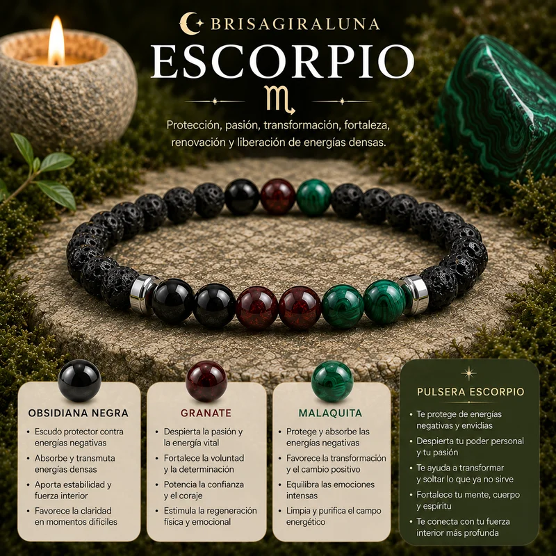 Pulsera Zodiaco Escorpio con Obsidiana Negra, Granate y Malaquita