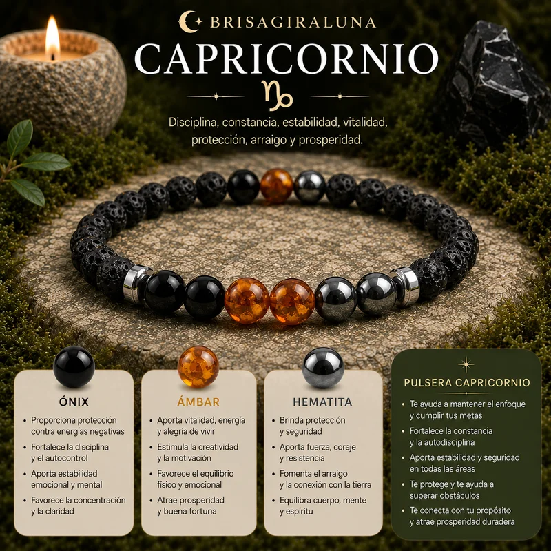 Pulsera Zodiaco Capricornio con Ónix, Ámbar y Hematita