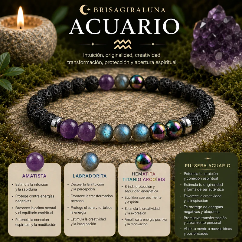 Pulsera Zodiaco Acuario con Amatista, Labradorita y Hematita Titanio Arcoíris