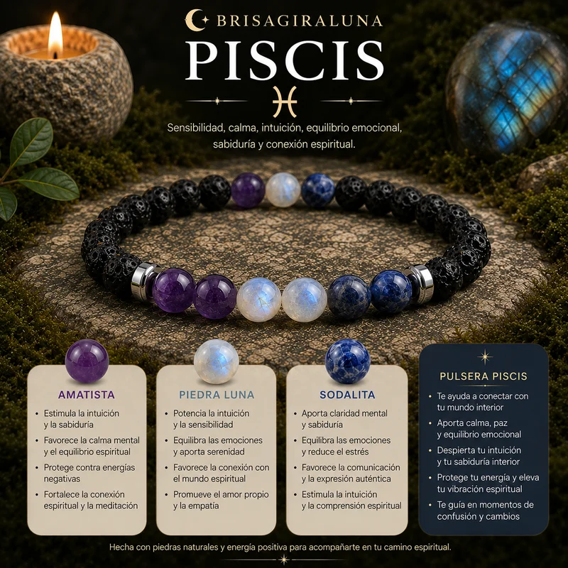 Pulsera Zodiaco Piscis con Amatista, Piedra Luna y Sodalita