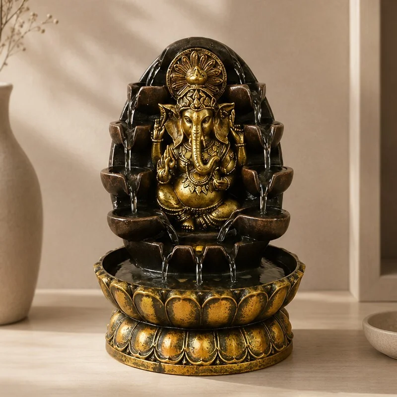 Fuente de agua mágica Feng Shui cascada Ganesha dorado 20,5 × 20,5 × 29 cm