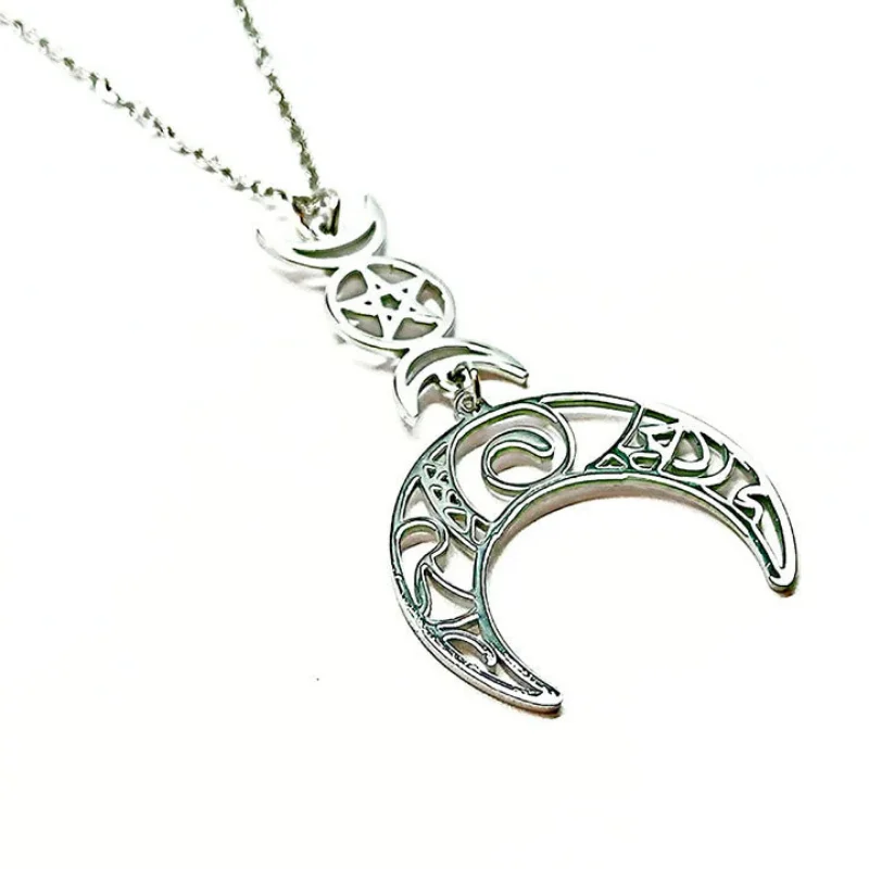 Collar Acero Lunas Con Pentagrama 25 x 45 mm Cadena 40+5 Cms