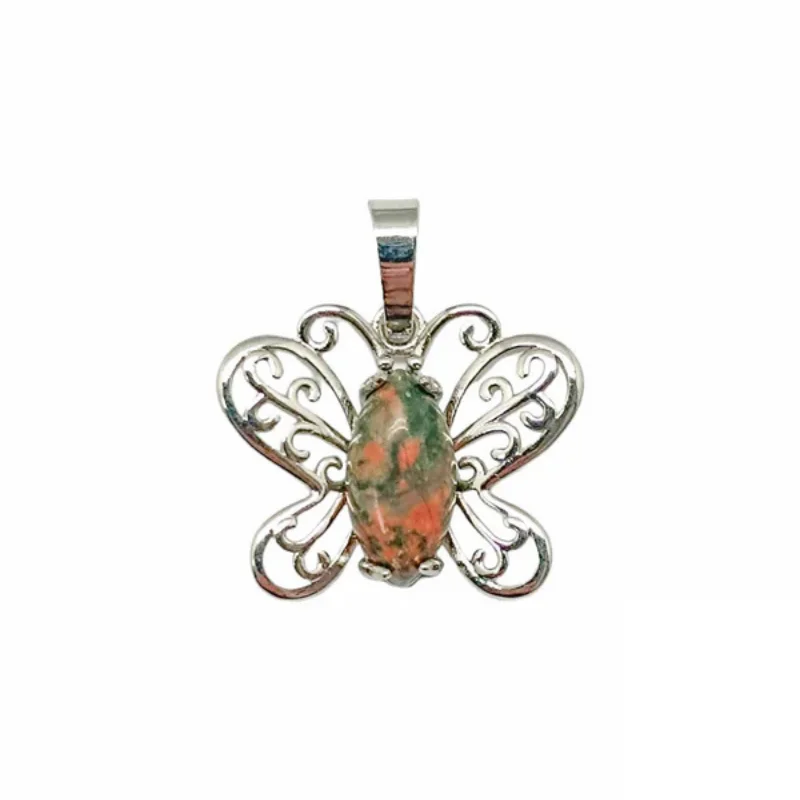 Colgante Mariposa En Metal Con Piedra Piedra Unakita 2 Cms Aprox