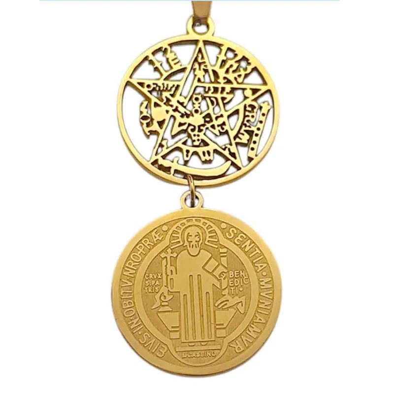 Collar Acero Tetragramaton Dorado San Benito Cadena 40+5 Cms. Doble protección