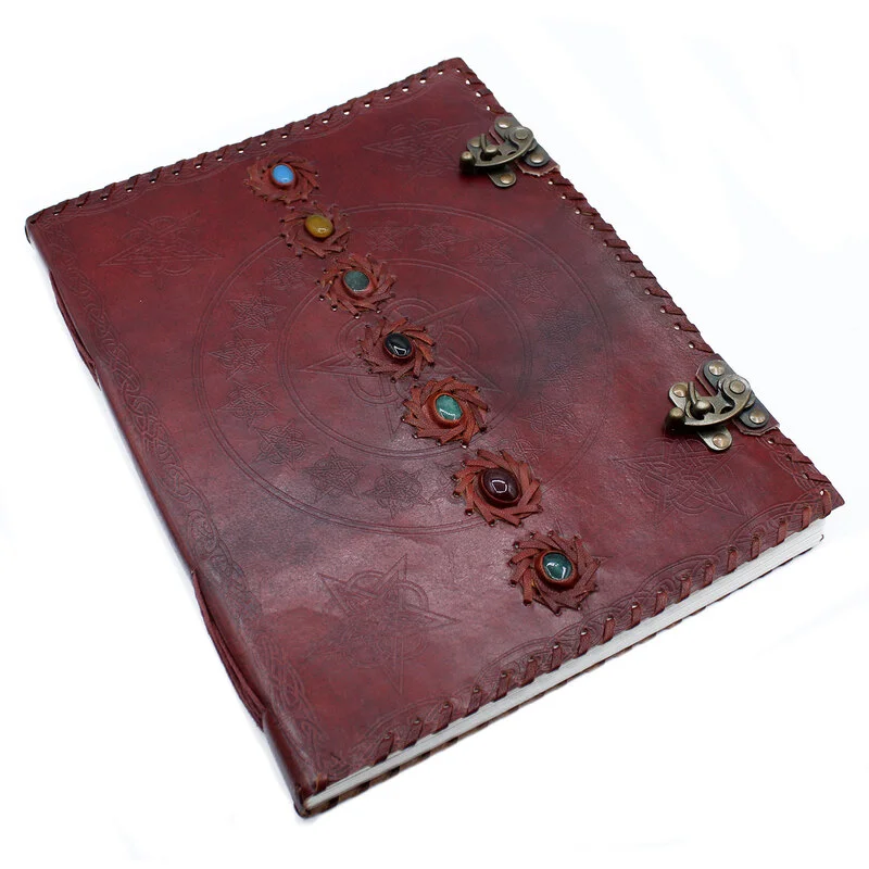 CUADERNO GRIMORIO Libro GIGANTE de Cuero de los 7 Chakras 33x25x2,5 (cm),