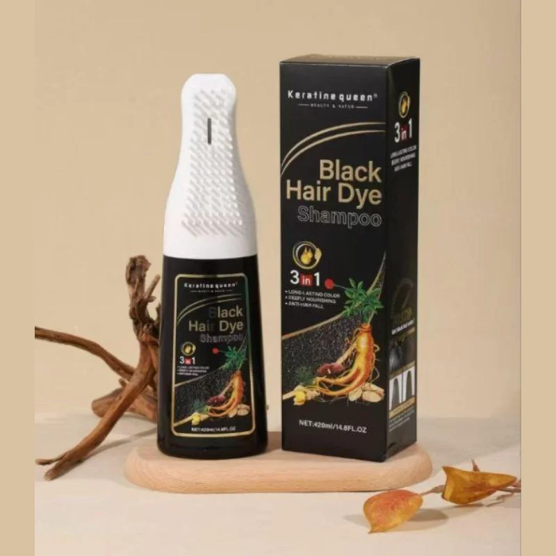 Champú Mágico KERATINE QUEEN. BLACK HAIR DYE para teñir el cabello rápido. 3 en 1. CABELLOS OSCUROS. 100% COBERTURA. CON APLICADOR. 420 ML. ANTICAIDA