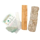 Kit Limpieza Y Estudios :Atado Salvia , Palo Santo, Selenita y Aventurina Descripción del Kit de Limpieza y Estudios Atado de Salvia Blanca: Propiedades de Limpieza: La salvia blanca es conocida por su gran poder para limpiar energías negativas y densas. Su humo purificador ayuda a eliminar las energías estancadas y a crear un ambiente de paz y claridad. Palo Santo: Propiedades de Equilibrio y Purificación: El palo santo es famoso por sus propiedades equilibrantes y su capacidad para expulsar malas energías. Su aroma dulce y amaderado es ideal para rituales de limpieza energética. Selenita: Propiedades de Protección y Conexión: La selenita es una piedra poderosa que se utiliza para la protección y la limpieza de energías negativas. Ayuda a equilibrar las energías y a atraer vibraciones positivas. Aventurina: Propiedades de Concentración y Creatividad: La aventurina es conocida por sus propiedades para potenciar la concentración y la creatividad. Es ideal para estudiantes y personas que buscan mejorar su enfoque y rendimiento en sus estudios. Beneficios y Usos Limpieza Energética: Utiliza el atado de salvia blanca y el palo santo para limpiar y purificar tu espacio de energías negativas. Protección: Coloca la selenita en tu hogar o espacio de trabajo para protegerte de influencias negativas y atraer energías positivas. Concentración y Creatividad: Lleva contigo la aventurina o colócala en tu espacio de estudio para potenciar la concentración y la creatividad. Este kit es perfecto para aquellos que buscan armonizar sus espacios y fortalecer su bienestar emocional y energético mientras estudian. 🌟📚