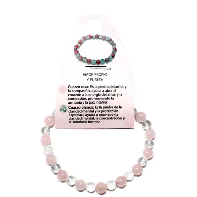 Pulsera Amor Propio Y Pureza Combinando Cuarzo Rosa Y Cuarzo Blanco 6mm.