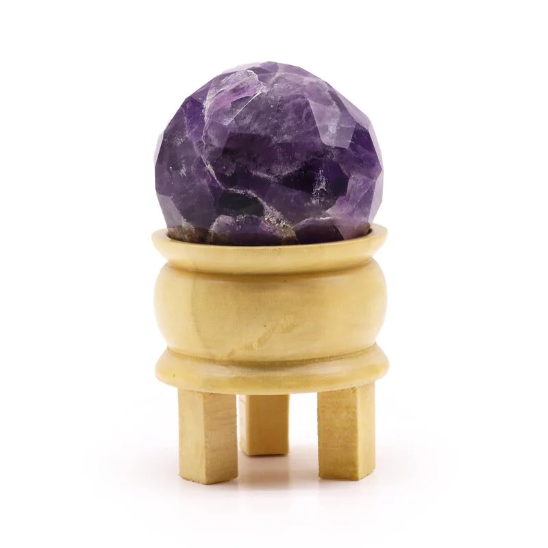 ESFERA FACETEADA Curativa de Piedras Preciosas y soporte de madera. AMATISTA . 10 x 5,5 (cm)