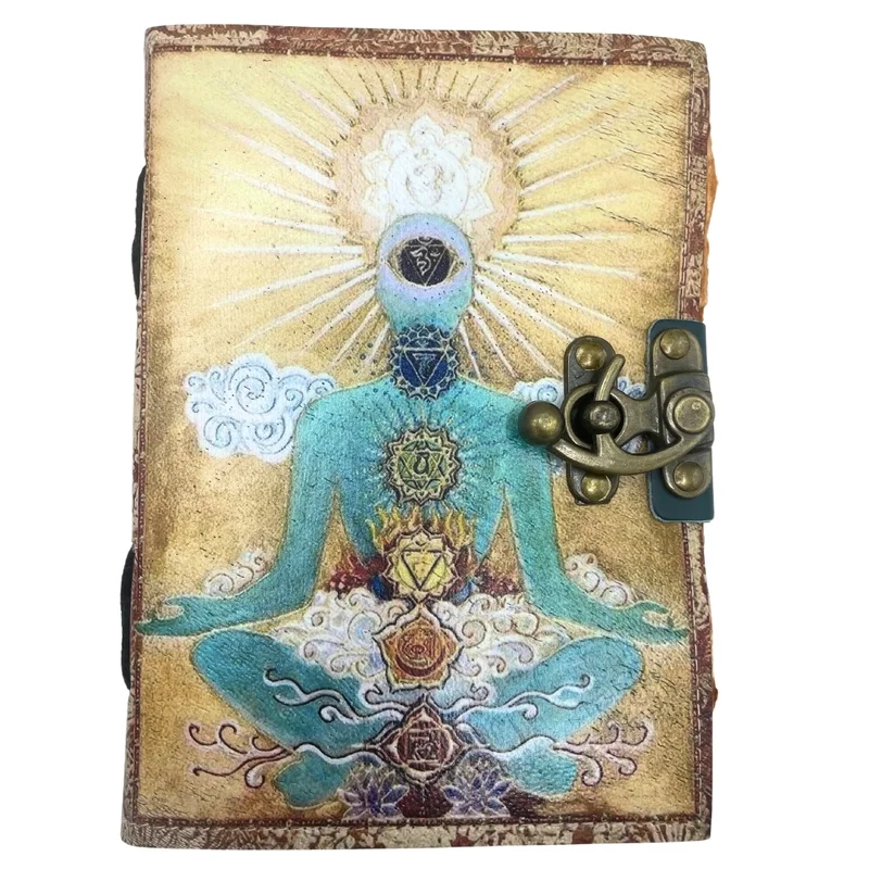 CUIADERNO GRIMORIO de Cuero Buda 7 Chakras. HOJAS DE PAPIRO