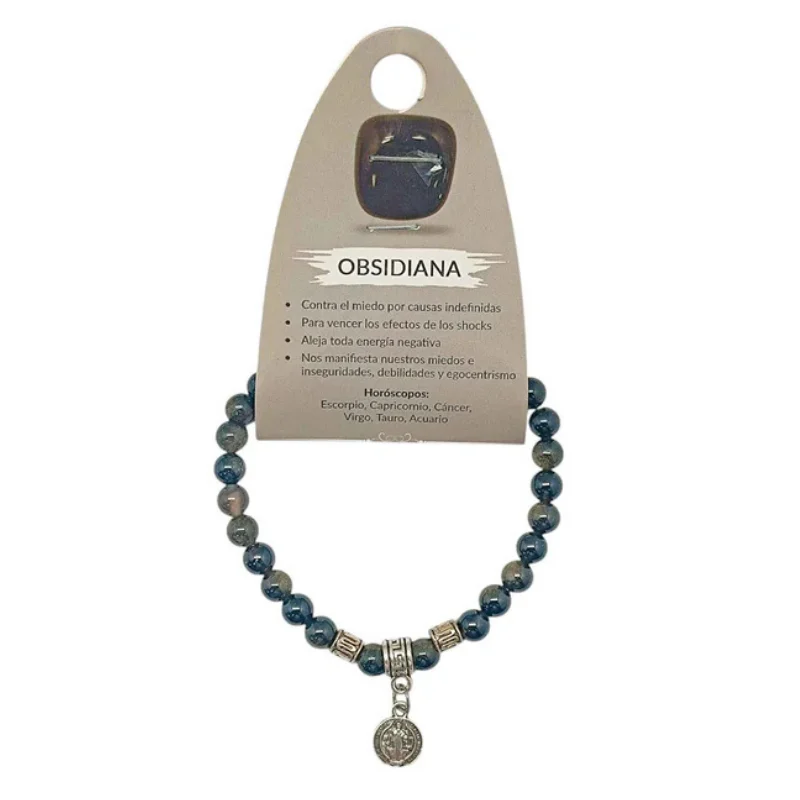 Pulsera Obsidiana Dorada 6 mm Con Dije Metal San Benito