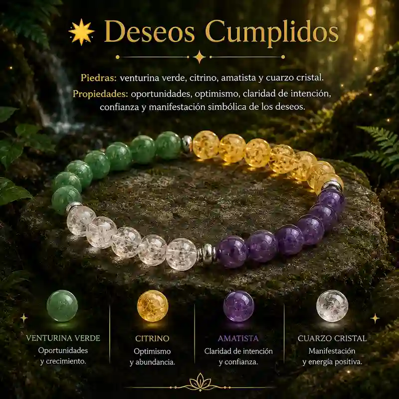 Pulsera Deseos Cumplidos con venturina verde citrino amatista y cuarzo cristal