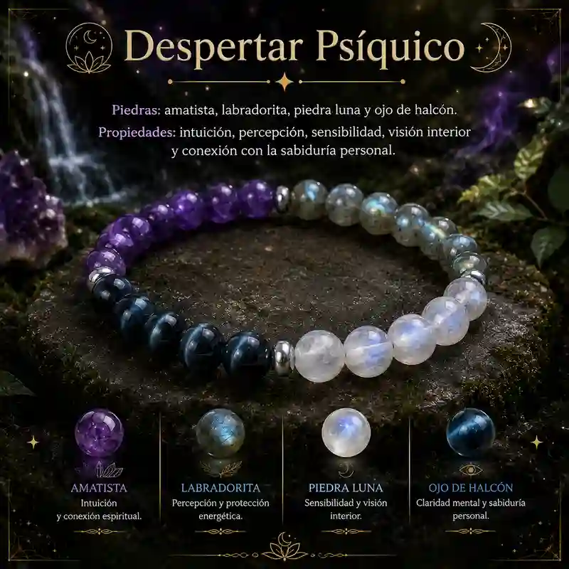 Pulsera Despertar Psíquico con amatista labradorita piedra luna y ojo de halcón