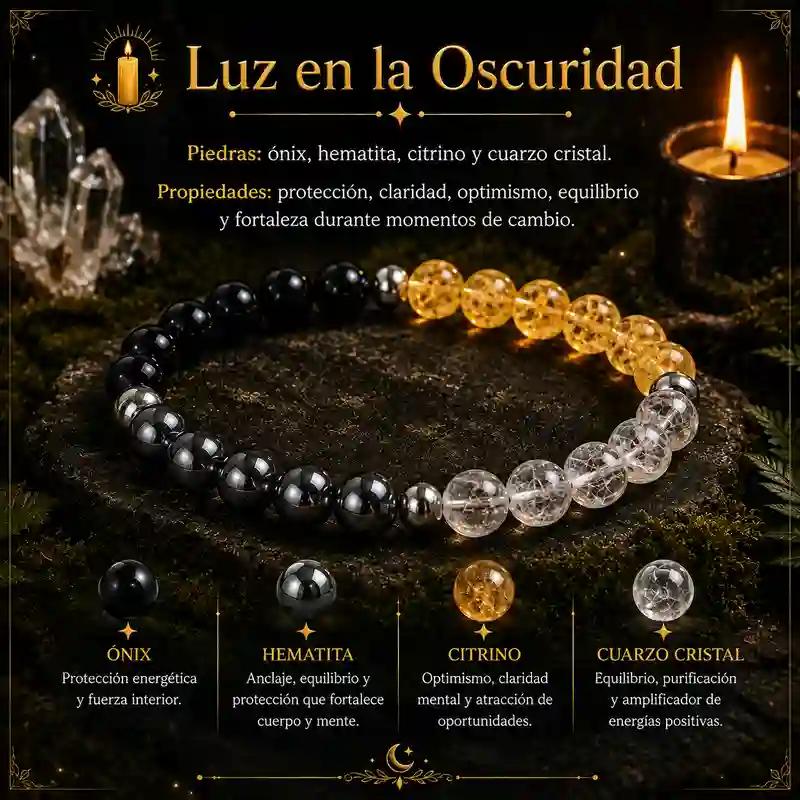 Pulsera Luz en la Oscuridad con ónix hematita citrino y cuarzo cristal